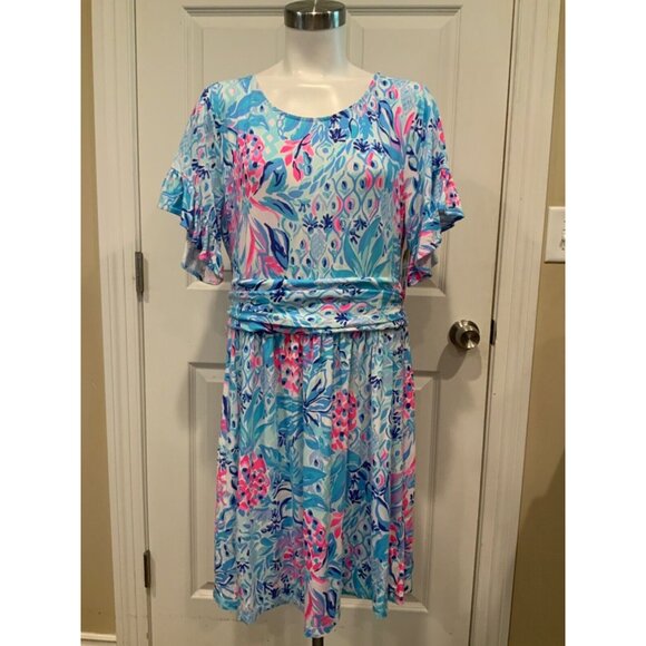 Lilly Pulitzer Zanzibar Blue & Pink Riegan Princes Fit & Flare Dress Size XL